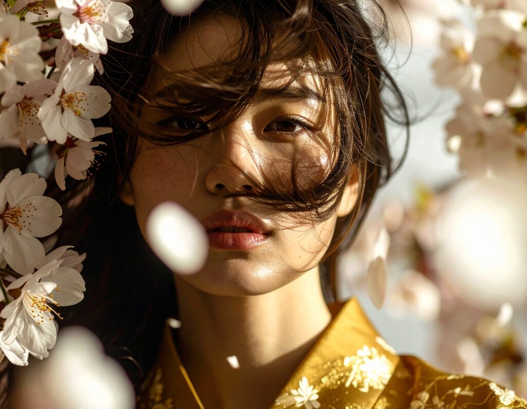 目を開いた着物女性